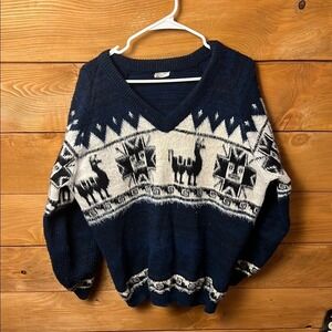 Vintage Llama Alpaca Wool Sweater V Neck Blue White XL Made in Ecuador Tribal